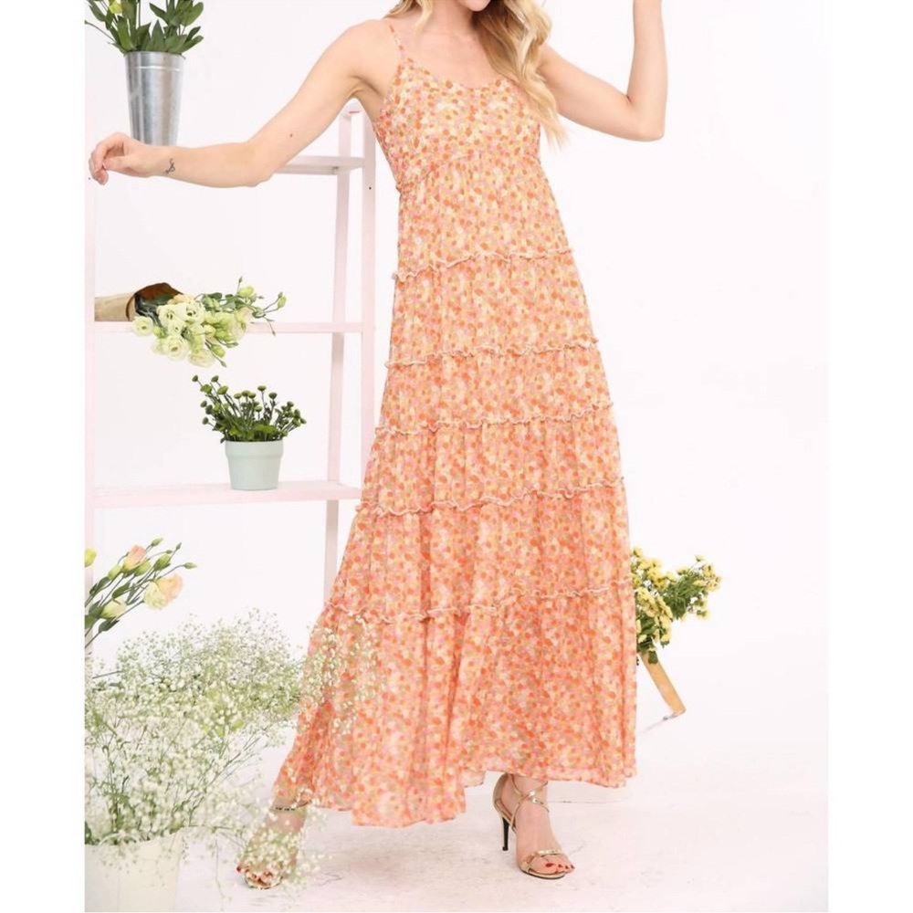 Julie Brown New York Floral Tiered Maxi Dress Pink Orange Ruffle Summer NWT